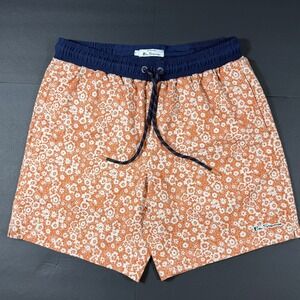 Ben Sherman Mens Floral Swim Trunks Orange Navy Blue Board Shorts Size Medium